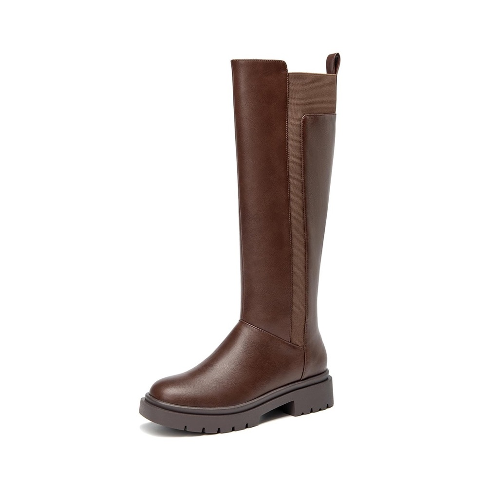Stretch Knee High Boot Elastic Low Flat Heel Round Toe Side Zip Wide Calf Boots
